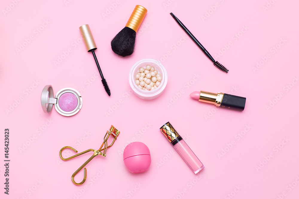 Feminine accessories pink background; flat lay Feminine accessories pink background; flat lay