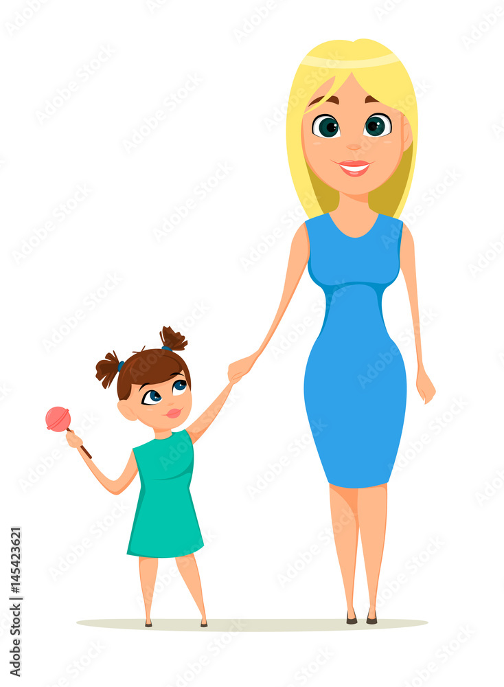Happy mother's day greeting card. Mother holding her daughter hand. Best mom, mum ever cute. Daughter with tasty candy. Mother, Love, Children - stock vector Happy mother's day greeting card. Mother holding her daughter hand. Best mom, mum ever cute. Daughter with tasty candy. Mother, Love, Children - stock vector