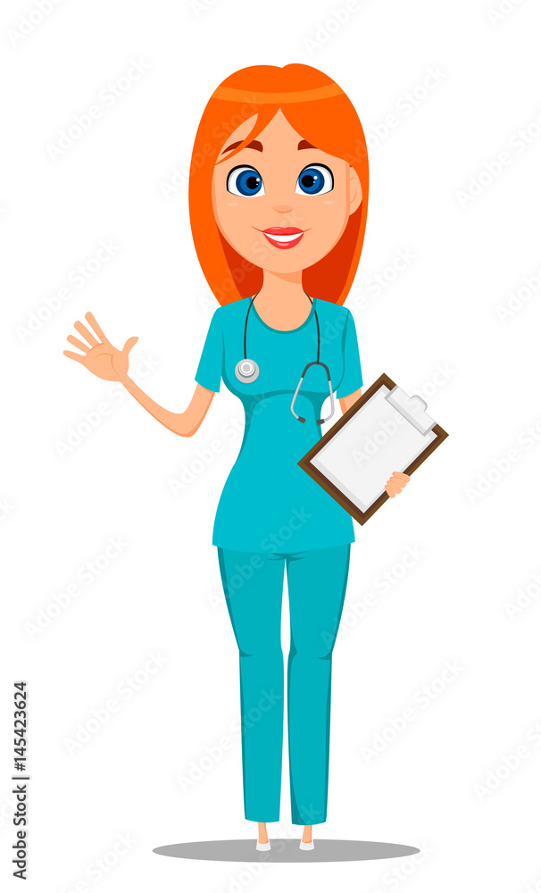 Nurse, medical worker in blue uniform (tunic and trousers) with stethoscope, holding clipboard and waving hand. Cute cartoon character. Vector illustration on white background. Nurse, medical worker in blue uniform (tunic and trousers) with stethoscope, holding clipboard and waving hand. Cute cartoon character. Vector illustration on white background.