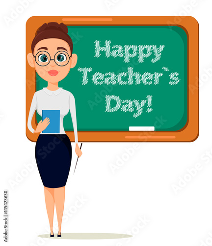 Happy Teacher's Day. Cute teacher with pointer and notebook stands at the blackboard while lesson in classroom. - stock vector