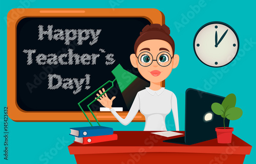 Teacher sitting at her desk while lesson in classroom. Cheerful female instructor in glasses. Happy Teacher's Day. - stock vector