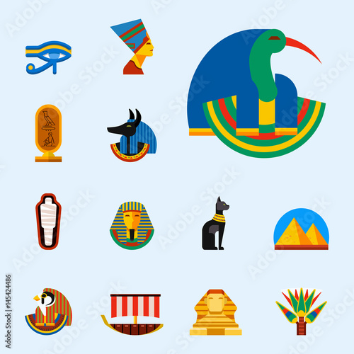 Set of vector flat design egypt travel icons culture ancient elements illustration.