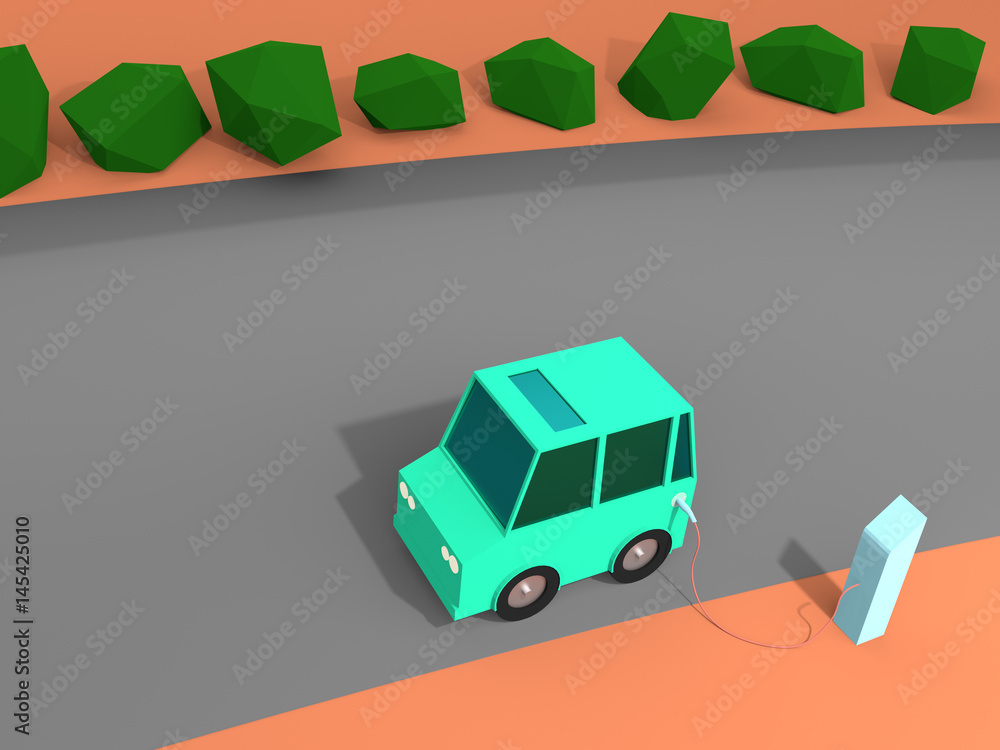 Obraz premium 3d rendering of Electric vehicle at charge station. Green low poly car charged by blue charger. Electric vehicle no need fuel energy.