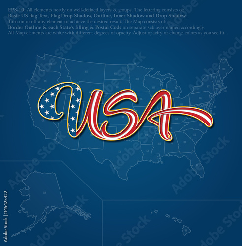 USA Flag Caligraphic Text over US Map - Blue