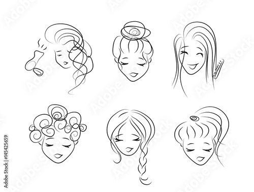 A set of sketches of girls putting hair in a hairdo