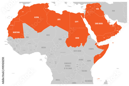 Arab World states political map with higlighted 22 arabic-speaking countries of the Arab League. Northern Africa and Middle East region. Vector illustration.