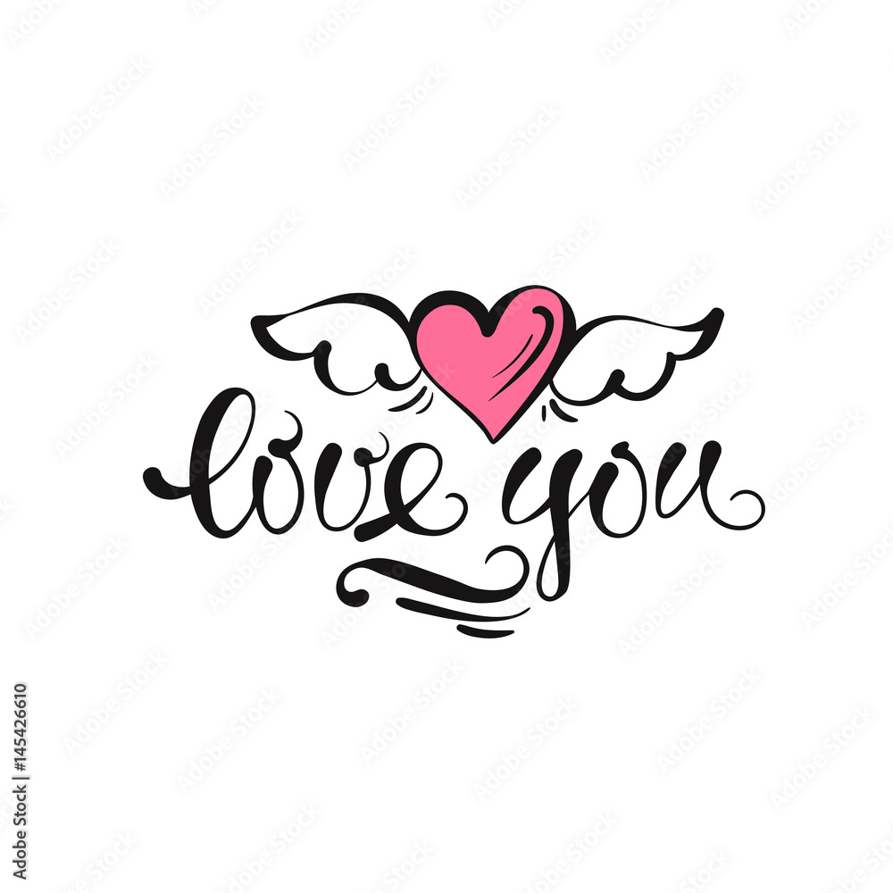 Hand drawn heart with wings and letter Love you. Suitable for the decoration of cards, posters, blog. Hand drawn heart with wings and letter Love you. Suitable for the decoration of cards, posters, blog.