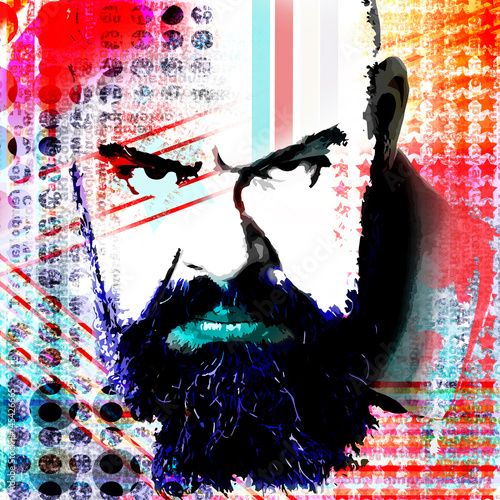 Poster with a portrait of a formidable man in modern style pop art..