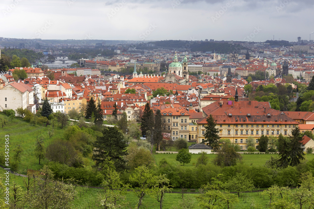 View on the spring Prague City with the green Nature and flowering Trees, Czech Republic