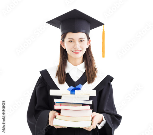  graduate student holding diploma and books isolated on white.