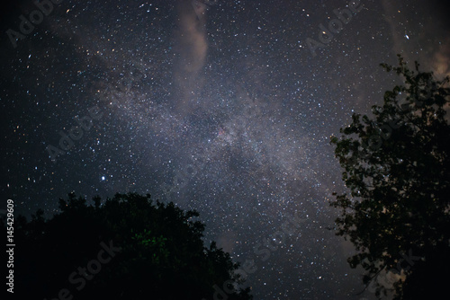 A clear night sky with a hill and trees in the foreground