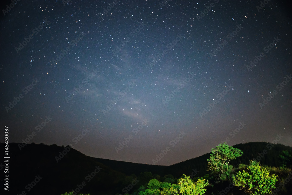 A clear night sky with a hill and trees in the foreground