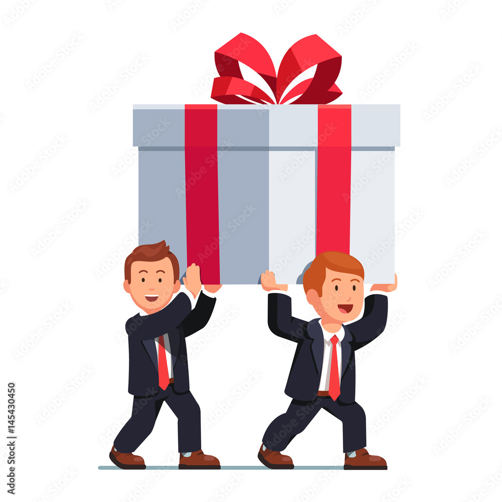 Two business man carrying huge holiday gift box Two business man carrying huge holiday gift box
