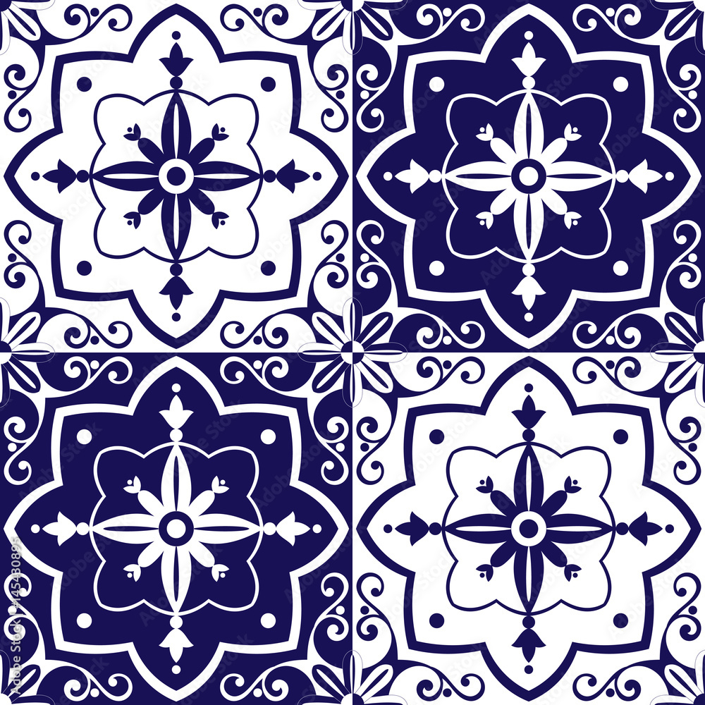 Delft dutch tiles pattern vector with blue and white flowers ornaments ...