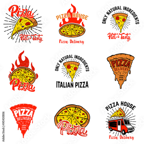 Set of pizza labels. Design elements for logo,emblem, sign, poster, menu. Vector illustration