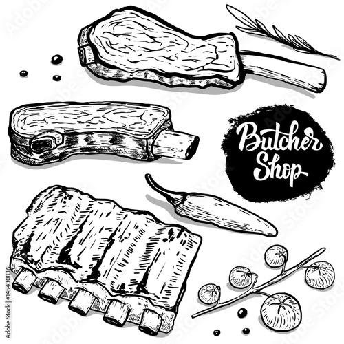 set of hand drawn beef ribs with spices. Design elements for poster, menu, flyer. Vector illustration