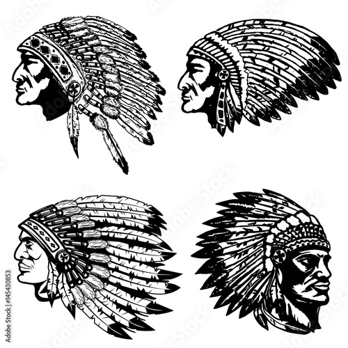 Set of native american heads in headdress. Design elements for label, emblem, sign, poster, t-shirt. Vector illustration