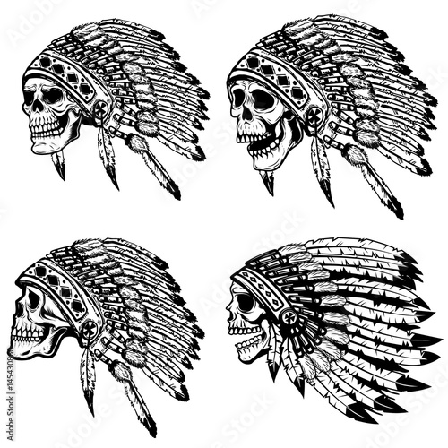 Set of the skulls in native american headdress. Design elements for poster, t-shirt. Vector illustration