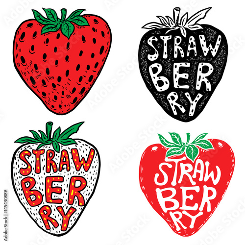 Hand drawn fresh strawberry labels isolated on white background. Design element for logo, label, emblem, sign. Vector illustration.