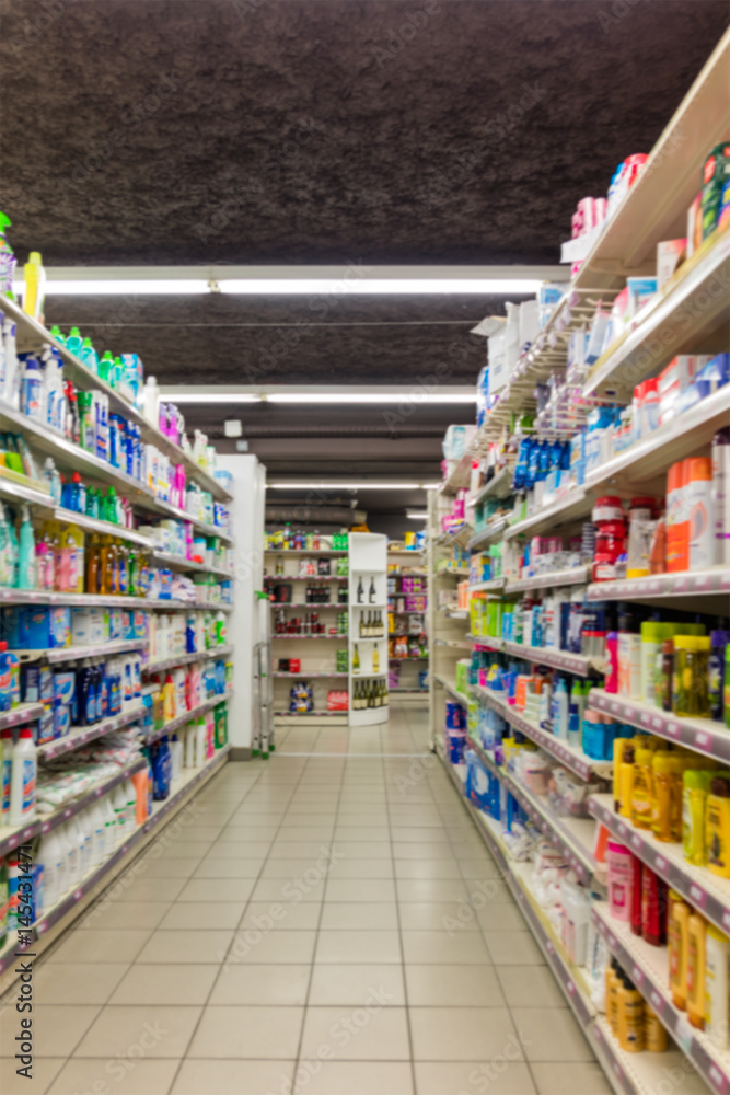 Blurred abstract background of shelf in supermarket