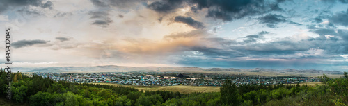 Panorama of the village from the mountain at dusk