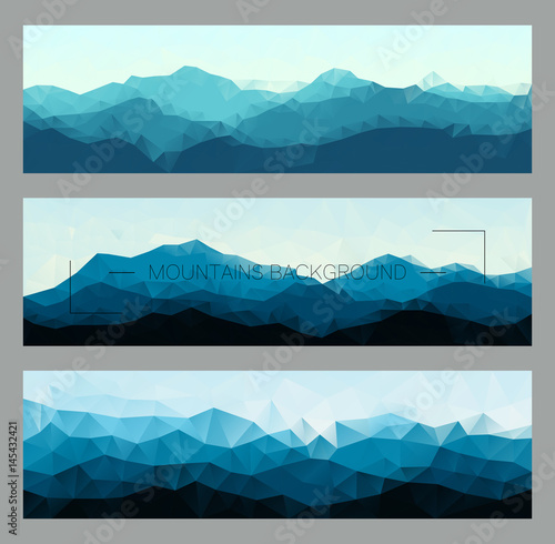 Set of polygonal mountain landscapes in different colors. Vector background in geometric style. Creative vector illustration.