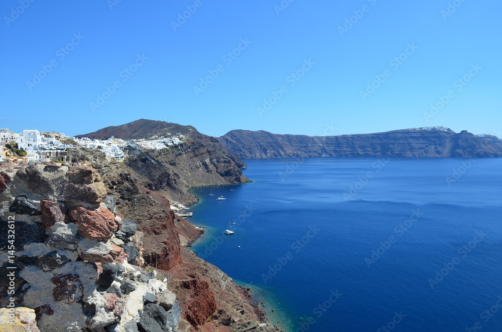 The rocky shore of Santorini island