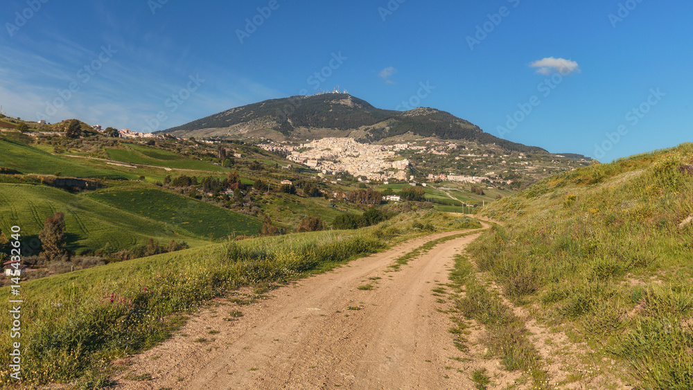 Green Hill Landscape in Central Sicily near Cammarata Mountain in Spring
