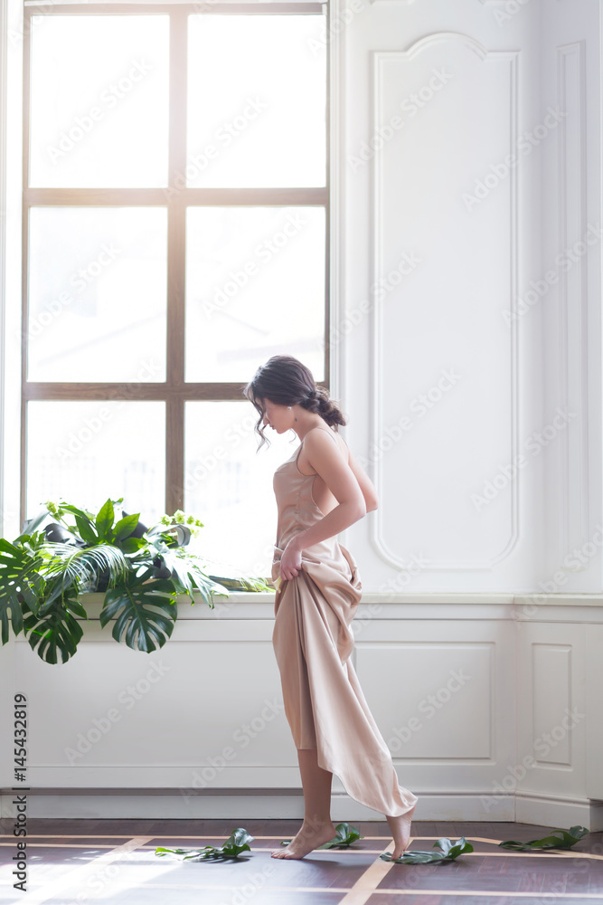 Portrait of beautiful young bride in Boudoir dress indoors in interior with a big window home Portrait of beautiful young bride in Boudoir dress indoors in interior with a big window home