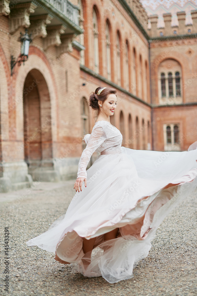 Obraz premium Bride near palace beautiful wedding dress