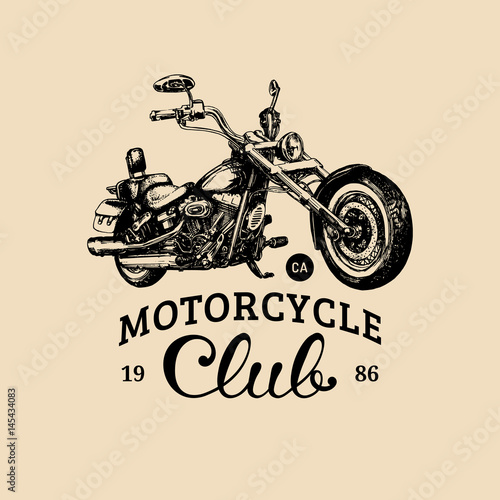 Motorcycle club advertising poster.Vector hand drawn chopper for MC label. Vintage detailed custom bike garage logo etc.