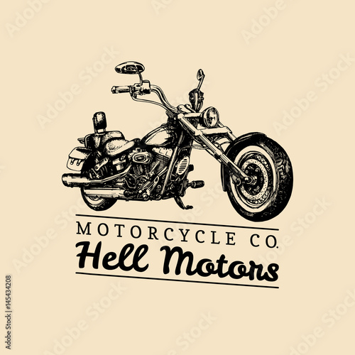 Hell Motors advertising poster. Vector hand drawn chopper for MC sign, label. Vintage detailed motorcycle illustration.