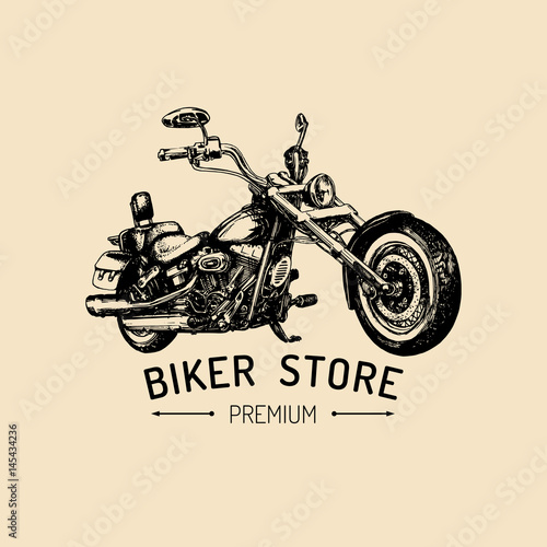 Biker store advertising poster. Vector hand drawn chopper for MC sign, label. Vintage detailed motorcycle illustration.