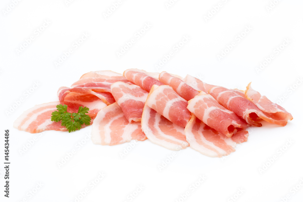 Bacon isolated on white background. Delikatese food.