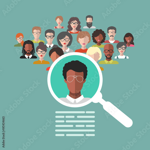 Vector concept of human resources management, professional staff research, head hunter job with magnifying glass.