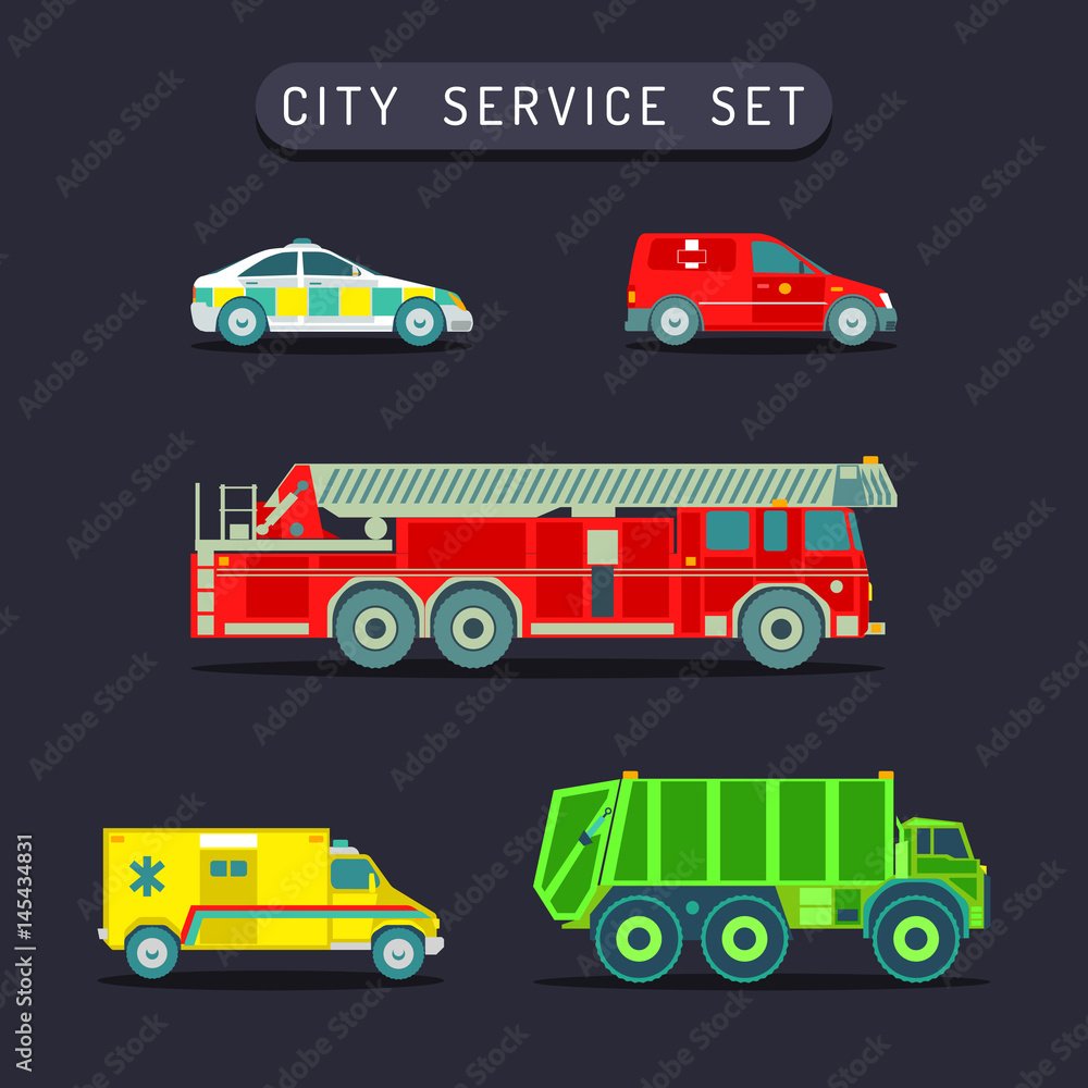 Vector city transport set in flat style.Town municipal different special,emergency service cars,trucks icons collection. Vector city transport set in flat style.Town municipal different special,emergency service cars,trucks icons collection.
