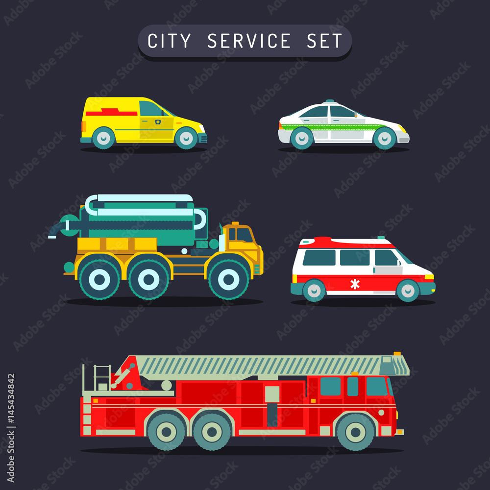 Vector city transport set in flat style.Town municipal different special,emergency service cars,trucks icons collection.