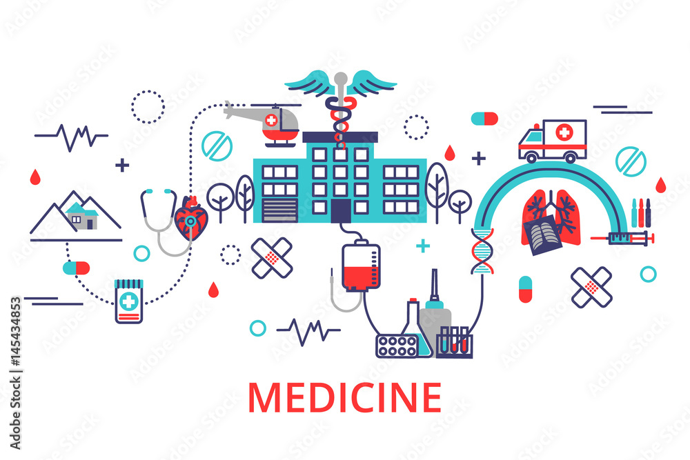 Health care concept in modern flat line style. Horizontal banner Health care concept in modern flat line style. Horizontal banner