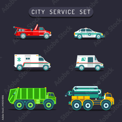 Vector city transport set in flat style.Town municipal different special,emergency service cars,trucks icons collection.