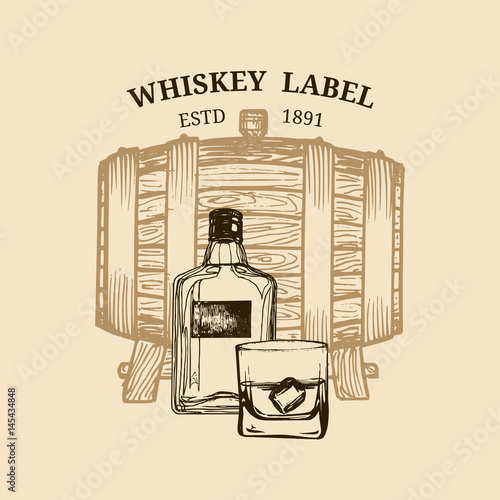 Vector whiskey illustration. Logo,label with sketched wooden barrel, bottle, glass for restaurant,bar,cafe menu concept.