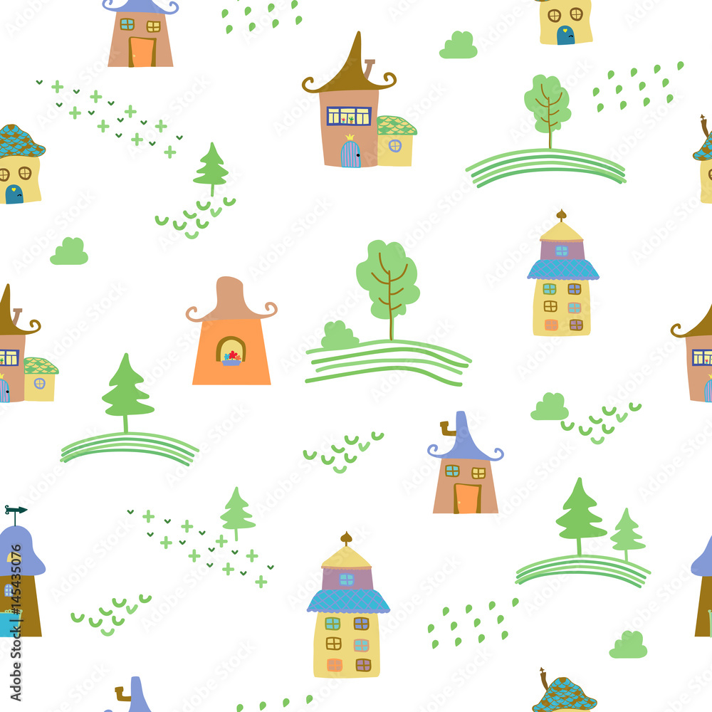 Cute colorful houses seamless pattern. Vector illustration. Fabric, textile, texture