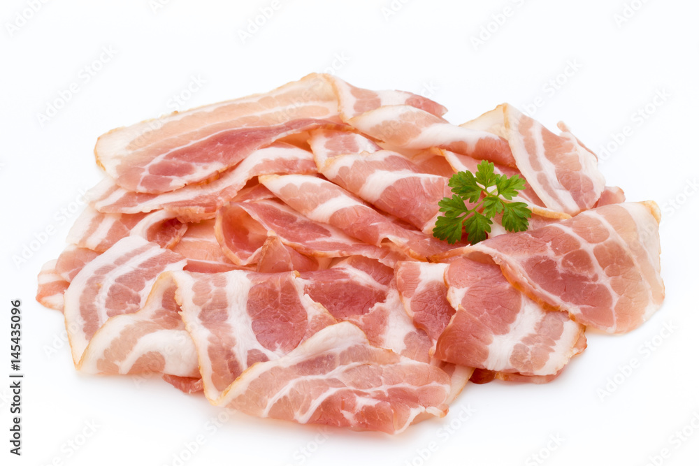 Bacon isolated on white background. Delikatese food. Bacon isolated on white background. Delikatese food.