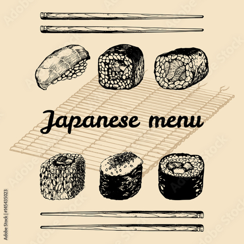Vector hand drawn asian menu illustration.Hand sketched sushi set.Japanese food,tableware design for restaurant,cafe etc