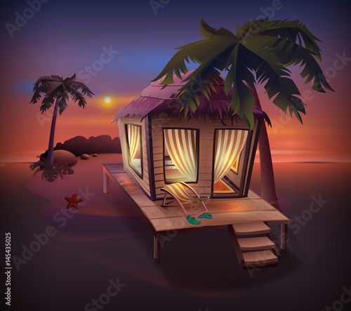 Night tropical island. Straw hut among palm trees on ocean shore