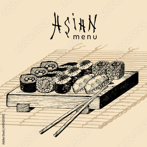 Vector hand drawn asian menu illustration.Hand sketched sushi set.Japanese food,tableware design for restaurant,cafe etc