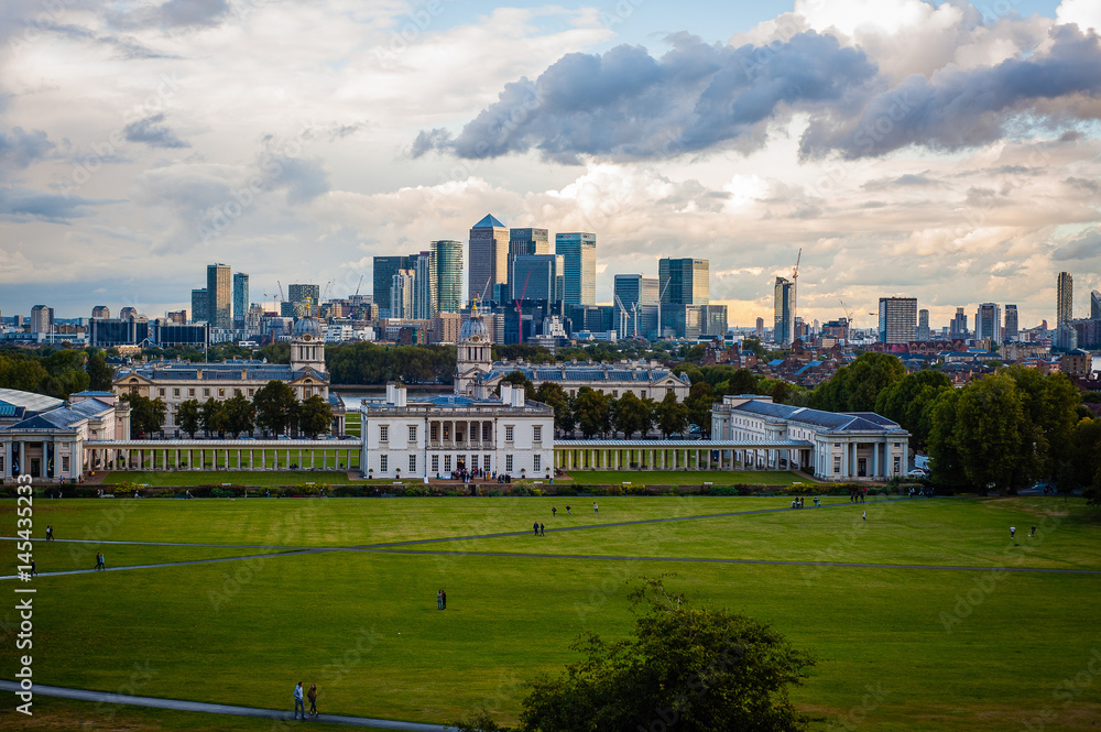 2016 United Kingdom London Greenwich view to the central london and Canary wharf. Really industrial panorama