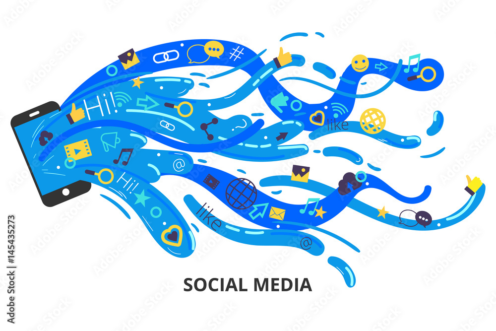 Social media concept in modern flat design. Smart phone with col Social media concept in modern flat design. Smart phone with col