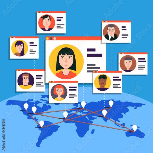People communication concept with male and female avatars.Friendship from around the world.Business contacts.Social network,people connecting all over the world.For web banners and info graphic