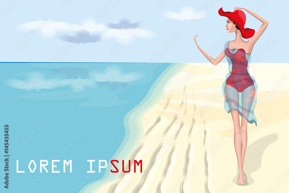 vector illustration with a beautiful woman walking on the beach vector illustration with a beautiful woman walking on the beach