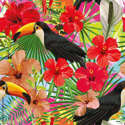 Tukan pozostawia i kwiaty wzór kolorowy pstrokaty backg